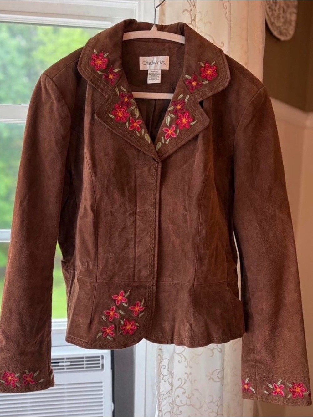 Chadwicks Brown Suede Jacket with Pink Floral Embroidery
